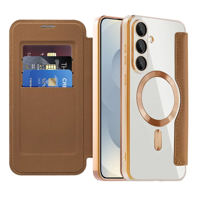 For Samsung Galaxy S25 FE Magnetic Case Rhombus PU Leather Phone Cover - Brown - 2