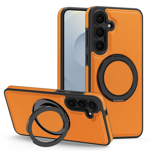 For Samsung Galaxy S25 FE Case with Ring Kickstand Magnetic Case PU Leather Back Cover - Orange - 1