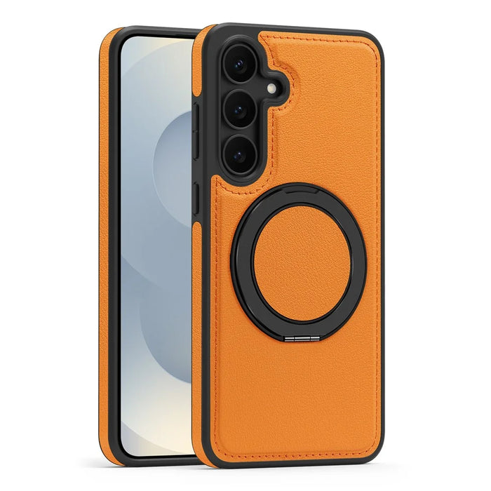For Samsung Galaxy S25 FE Case with Ring Kickstand Magnetic Case PU Leather Back Cover - Orange - 2