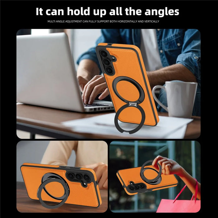 For Samsung Galaxy S25 FE Case with Ring Kickstand Magnetic Case PU Leather Back Cover - Orange - 5