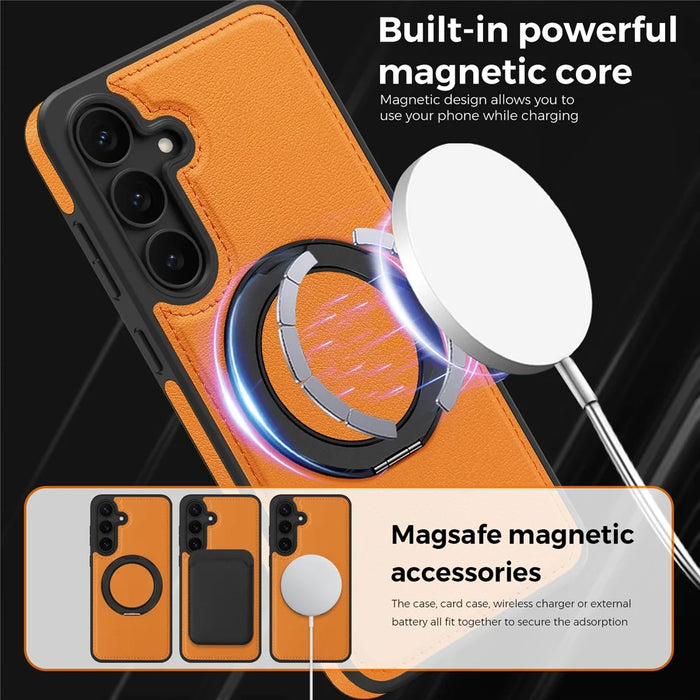 For Samsung Galaxy S25 FE Case with Ring Kickstand Magnetic Case PU Leather Back Cover - Orange - 7