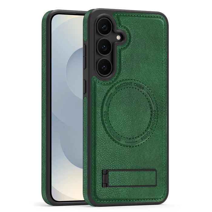 For Samsung Galaxy S25 FE Magnetic Case with Folded Kickstand PC Silicone Leather Phone Back Cover - Blackish Green - 1