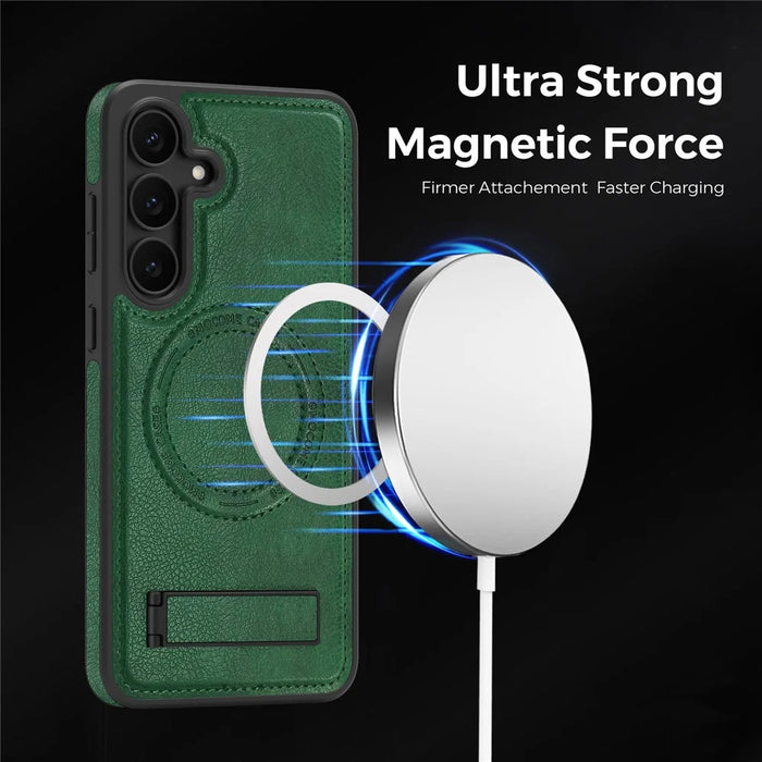 For Samsung Galaxy S25 FE Magnetic Case with Folded Kickstand PC Silicone Leather Phone Back Cover - Blackish Green - 2