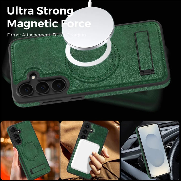 For Samsung Galaxy S25 FE Magnetic Case with Folded Kickstand PC Silicone Leather Phone Back Cover - Blackish Green - 3