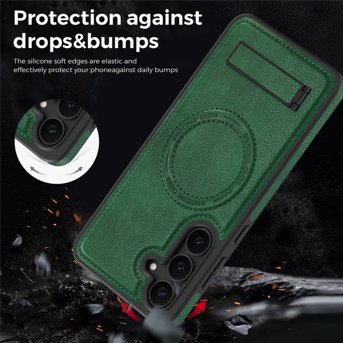For Samsung Galaxy S25 FE Magnetic Case with Folded Kickstand PC Silicone Leather Phone Back Cover - Blackish Green - 4