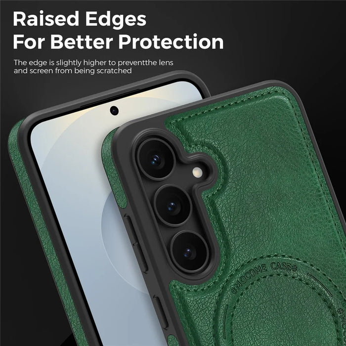 For Samsung Galaxy S25 FE Magnetic Case with Folded Kickstand PC Silicone Leather Phone Back Cover - Blackish Green - 5