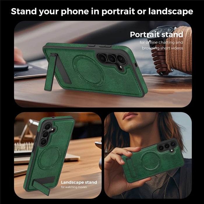 For Samsung Galaxy S25 FE Magnetic Case with Folded Kickstand PC Silicone Leather Phone Back Cover - Blackish Green - 6