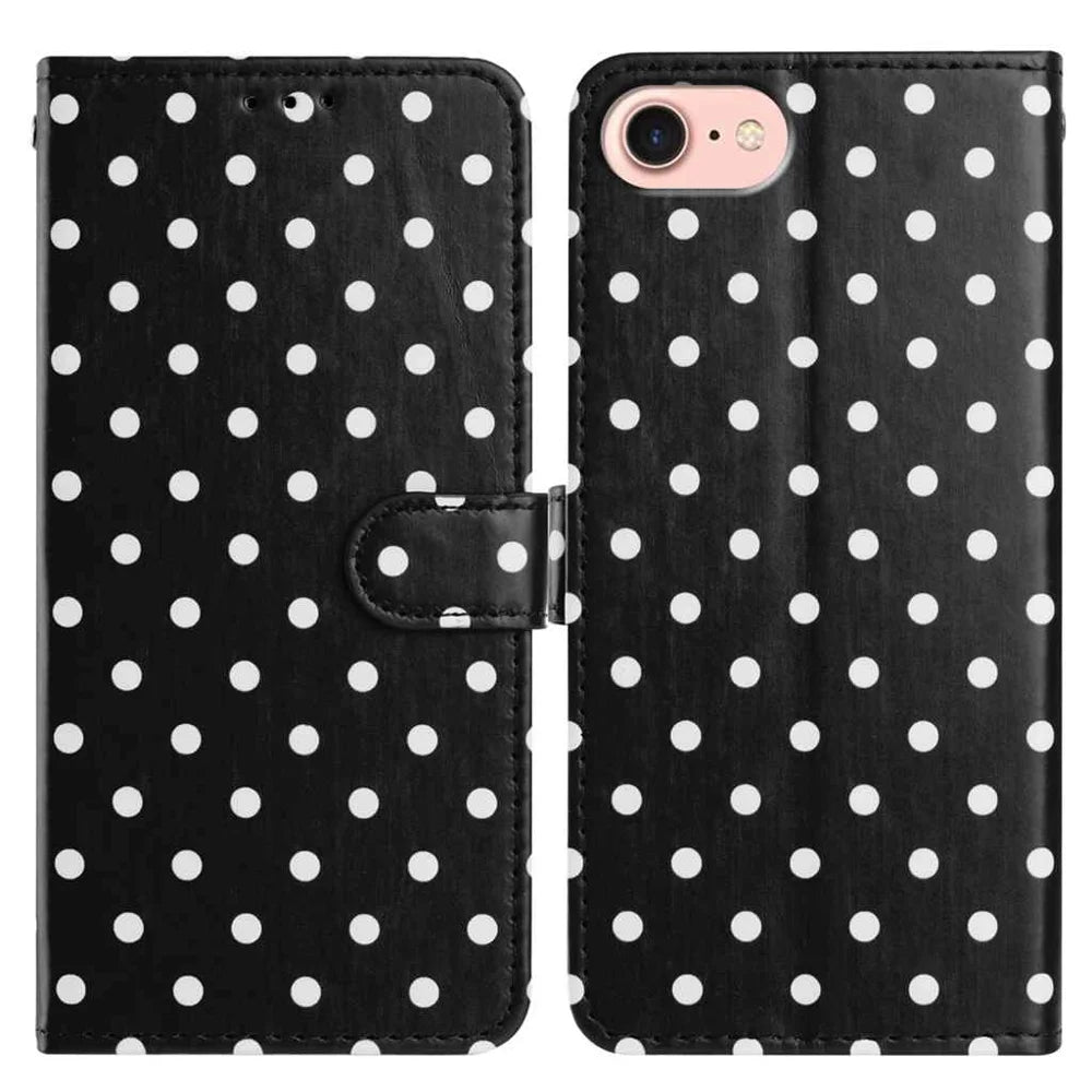 For iPhone 17e / 16e Leather Case Polka Dot Pattern Wallet Stand Folio Phone Cover - Black - 1