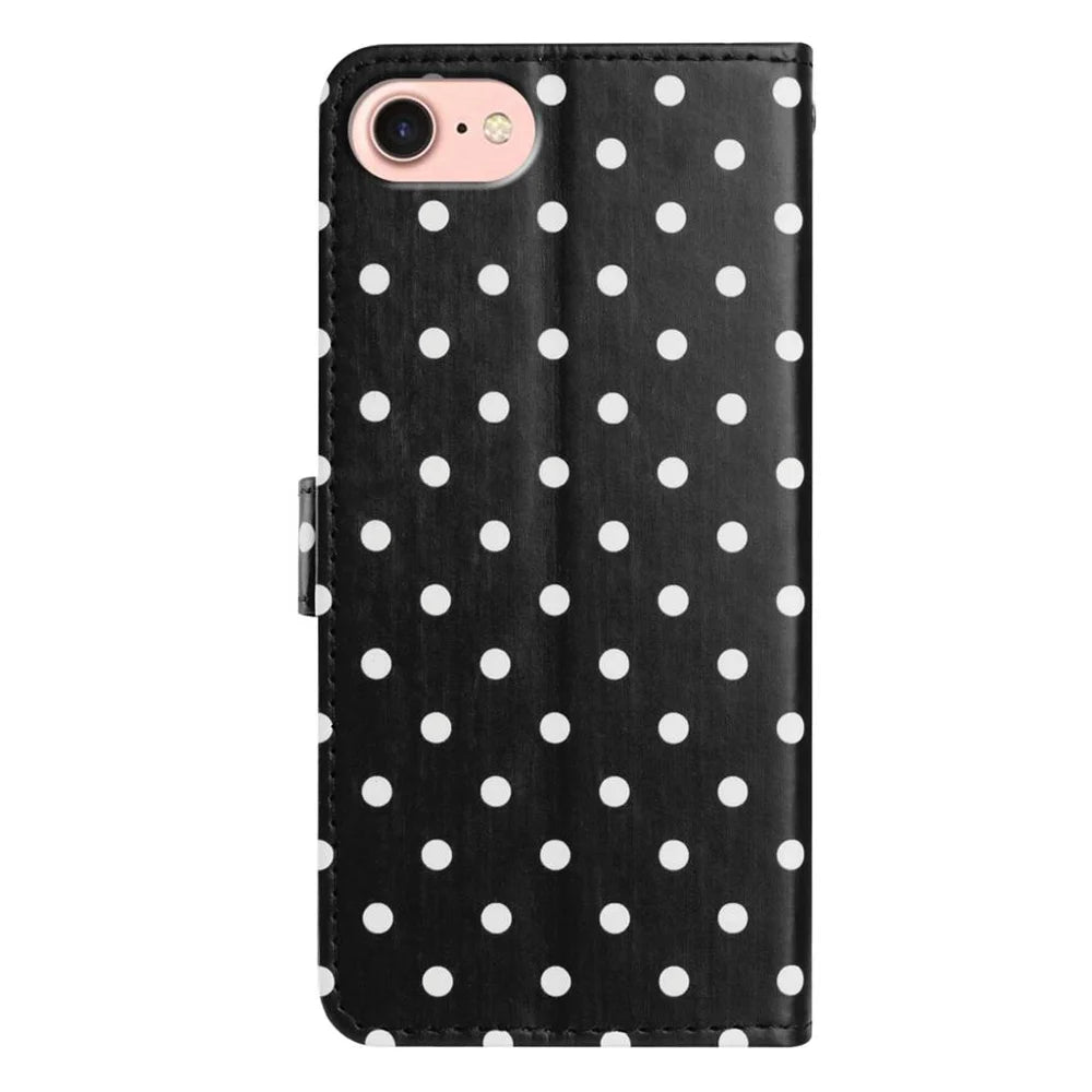 For iPhone 17e / 16e Leather Case Polka Dot Pattern Wallet Stand Folio Phone Cover - Black - 2
