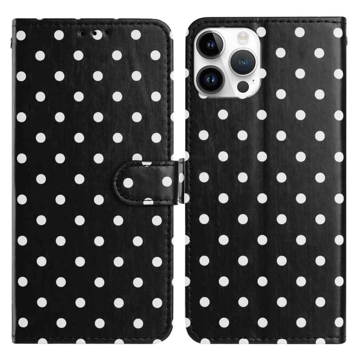 For iPhone 16 Pro Leather Case Polka Dot Pattern Wallet Stand Folio Phone Cover - Black - 1