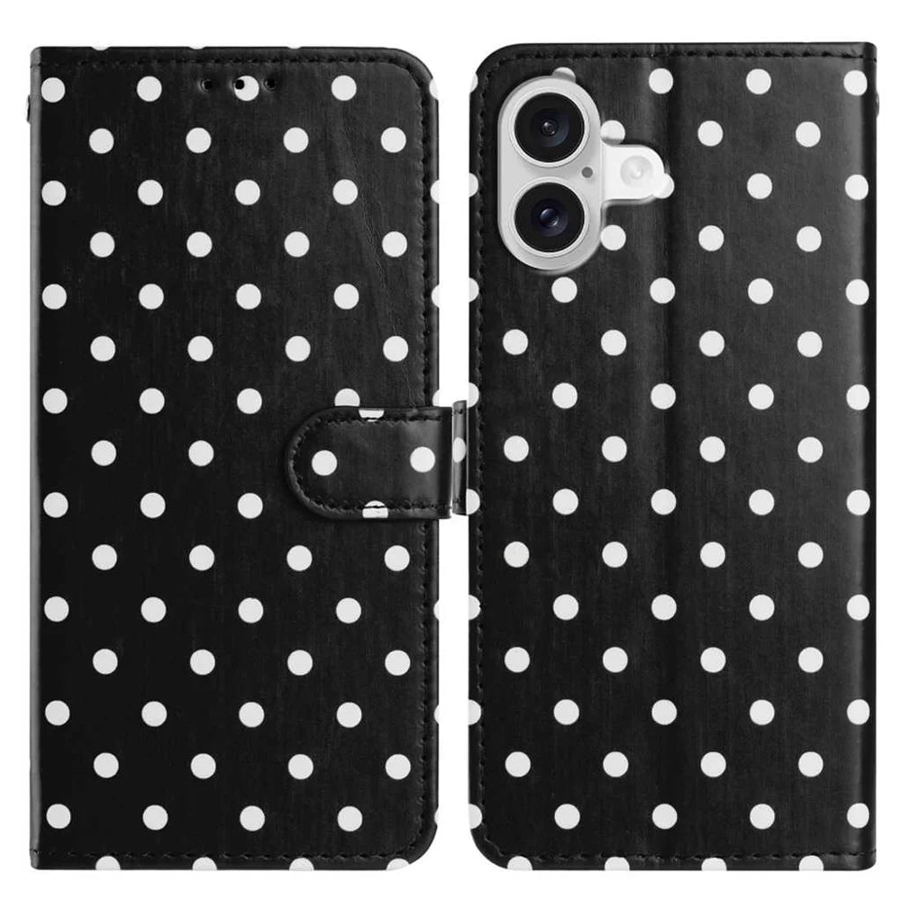 For iPhone 16 Plus Leather Case Polka Dot Pattern Wallet Stand Folio Phone Cover - Black - 1