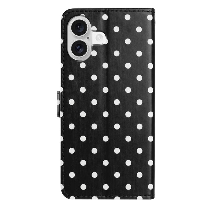 For iPhone 16 Plus Leather Case Polka Dot Pattern Wallet Stand Folio Phone Cover - Black - 2