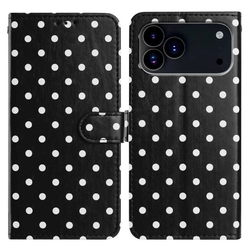 For iPhone 18 Pro / 17 Pro Leather Case Polka Dot Pattern Wallet Stand Folio Phone Cover - Black - 1