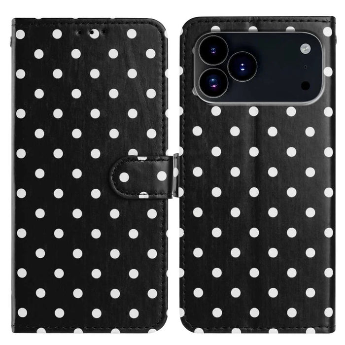 For iPhone 18 Pro / 17 Pro Leather Case Polka Dot Pattern Wallet Stand Folio Phone Cover - Black - 1