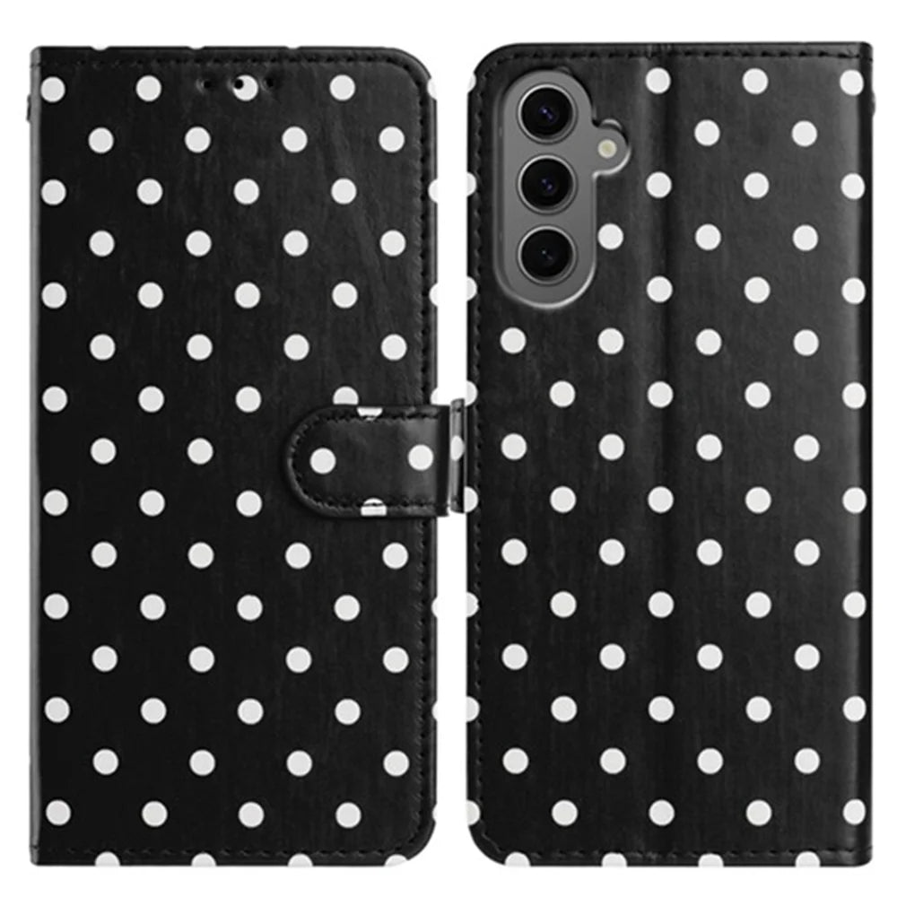 For Samsung Galaxy S25+ Leather Case Polka Dot Pattern Wallet Stand Folio Phone Cover - Black - 1
