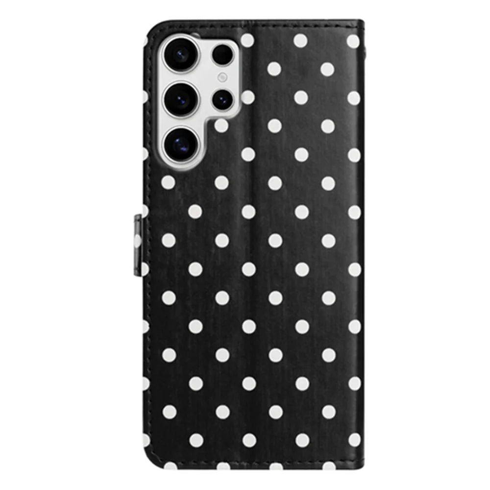 For Samsung Galaxy S25 Ultra Leather Case Polka Dot Pattern Wallet Stand Folio Phone Cover - Black - 2