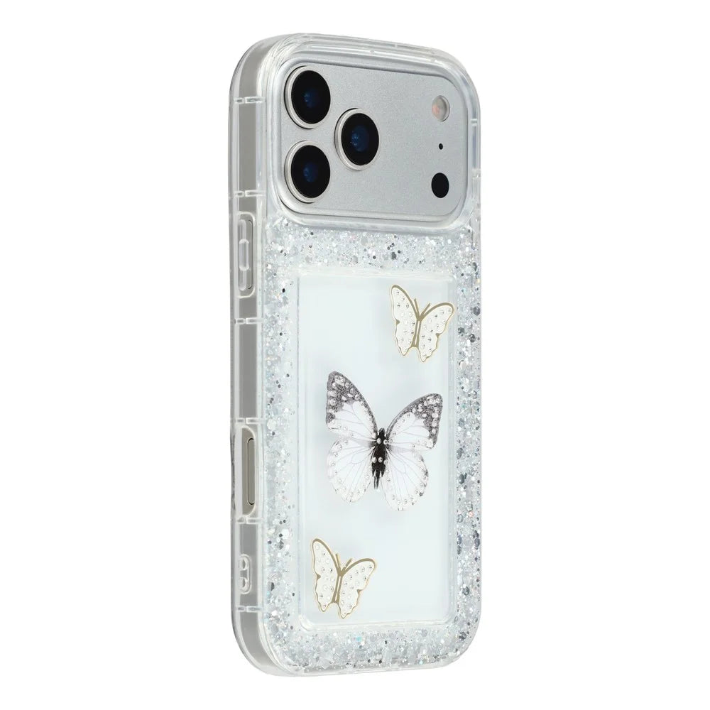 For iPhone 17 Pro Max Case DIY Butterfly Glitter Epoxy Soft TPU Phone Back Cover - White - 1