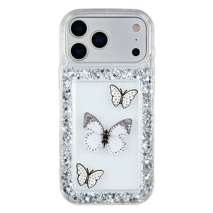 For iPhone 17 Pro Max Case DIY Butterfly Glitter Epoxy Soft TPU Phone Back Cover - White - 3
