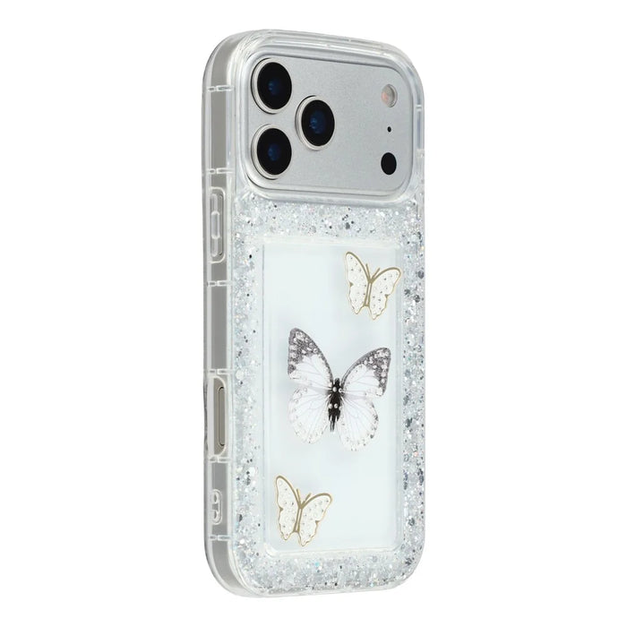 For iPhone 17 Pro Case DIY Butterfly Glitter Epoxy Soft TPU Phone Back Cover - White - 1