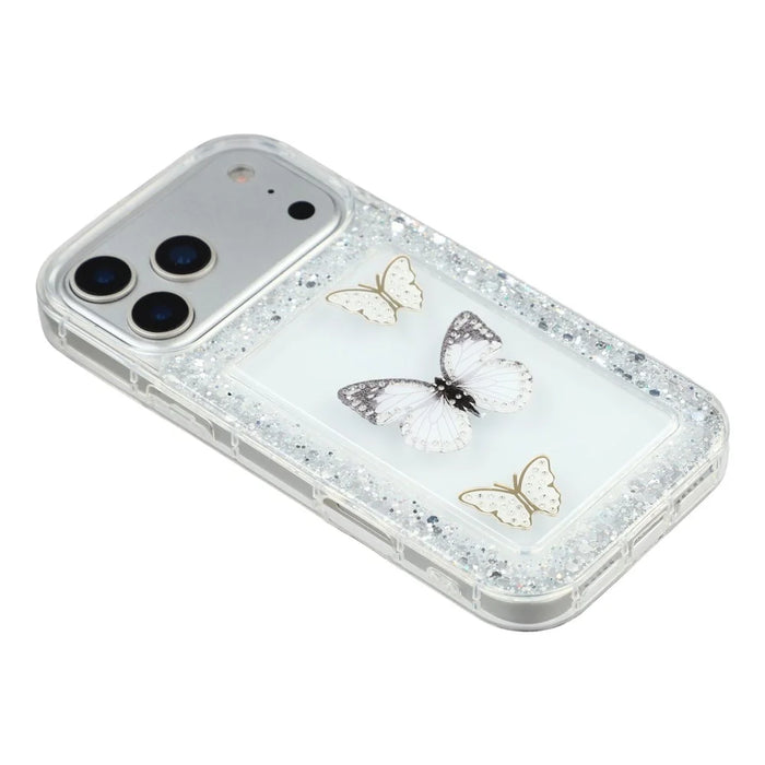For iPhone 17 Pro Case DIY Butterfly Glitter Epoxy Soft TPU Phone Back Cover - White - 4