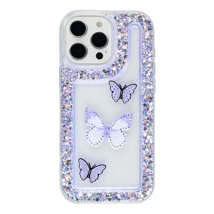 For iPhone 16 Pro Max Case DIY Butterfly Glitter Epoxy Soft TPU Phone Back Cover - Purple - 3