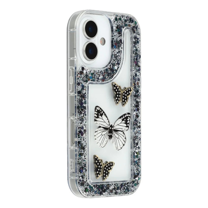 For iPhone 16 Case DIY Butterfly Glitter Epoxy Soft TPU Phone Back Cover - Black - 1
