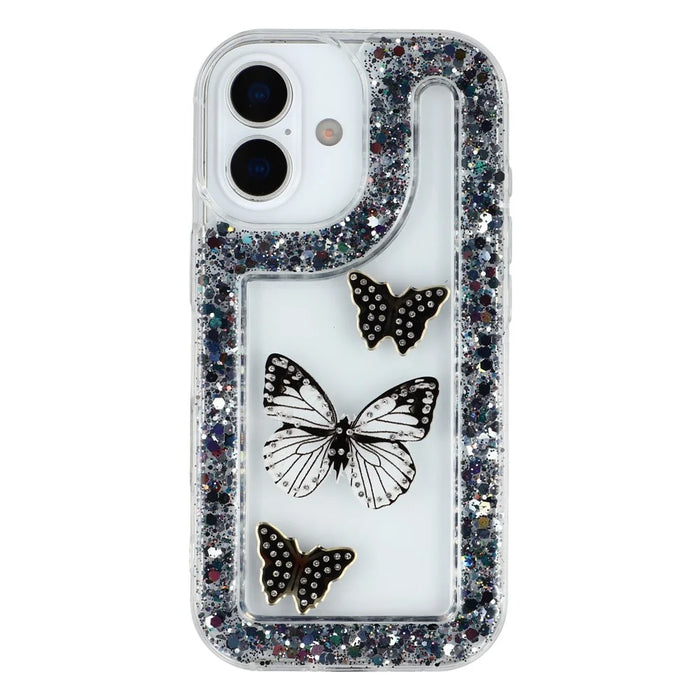 For iPhone 16 Case DIY Butterfly Glitter Epoxy Soft TPU Phone Back Cover - Black - 3