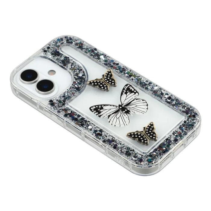 For iPhone 16 Case DIY Butterfly Glitter Epoxy Soft TPU Phone Back Cover - Black - 4