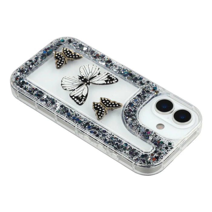 For iPhone 16 Case DIY Butterfly Glitter Epoxy Soft TPU Phone Back Cover - Black - 5