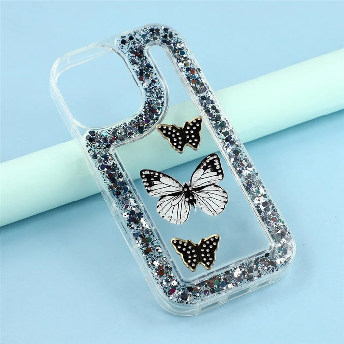 For iPhone 16 Case DIY Butterfly Glitter Epoxy Soft TPU Phone Back Cover - Black - 6