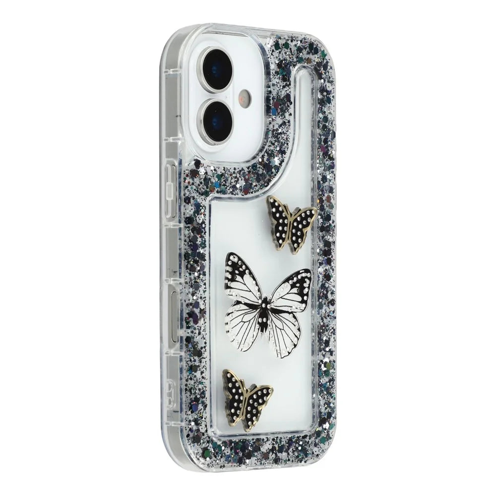 For iPhone 17 Case DIY Butterfly Glitter Epoxy Soft TPU Phone Back Cover - Black - 1