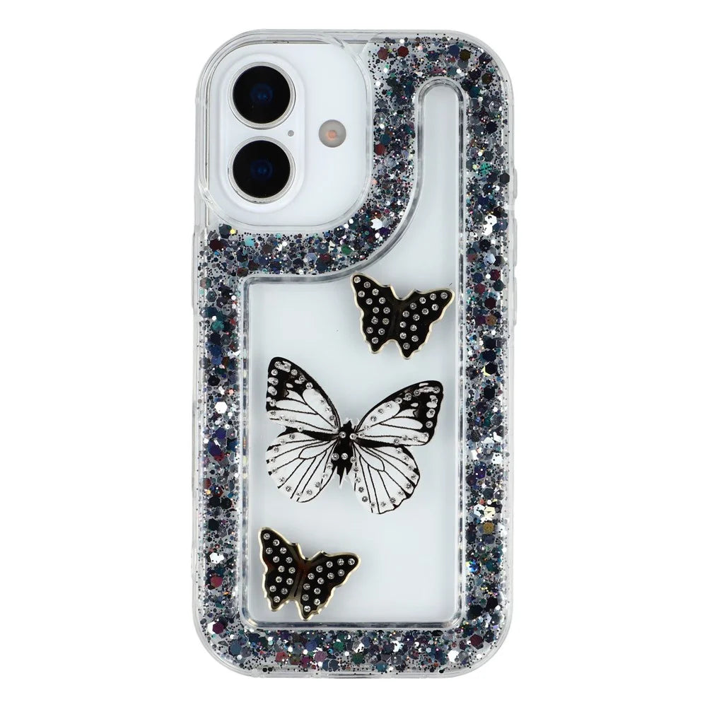 For iPhone 17 Case DIY Butterfly Glitter Epoxy Soft TPU Phone Back Cover - Black - 3