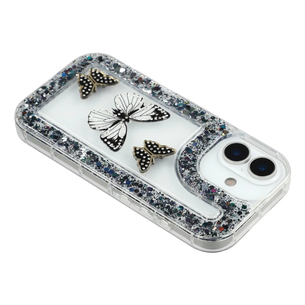 For iPhone 17 Case DIY Butterfly Glitter Epoxy Soft TPU Phone Back Cover - Black - 5