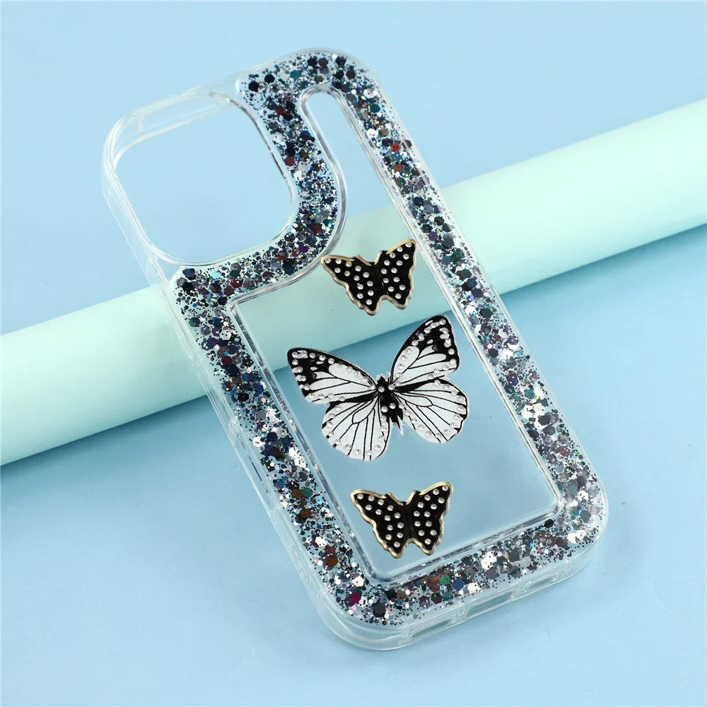 For iPhone 17 Case DIY Butterfly Glitter Epoxy Soft TPU Phone Back Cover - Black - 6