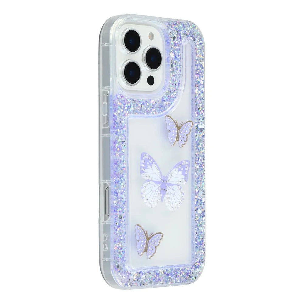 For iPhone 16 Pro Case DIY Butterfly Glitter Epoxy Soft TPU Phone Back Cover - Purple - 1