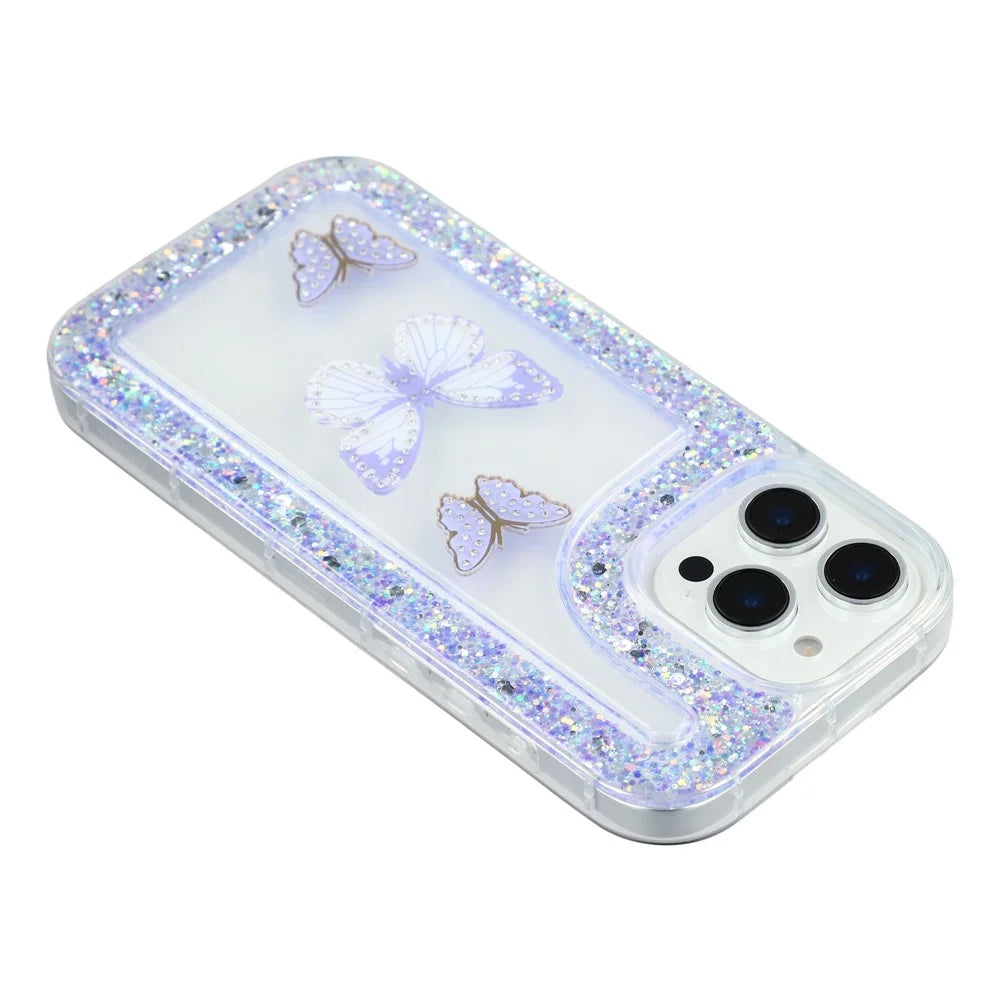 For iPhone 16 Pro Case DIY Butterfly Glitter Epoxy Soft TPU Phone Back Cover - Purple - 5