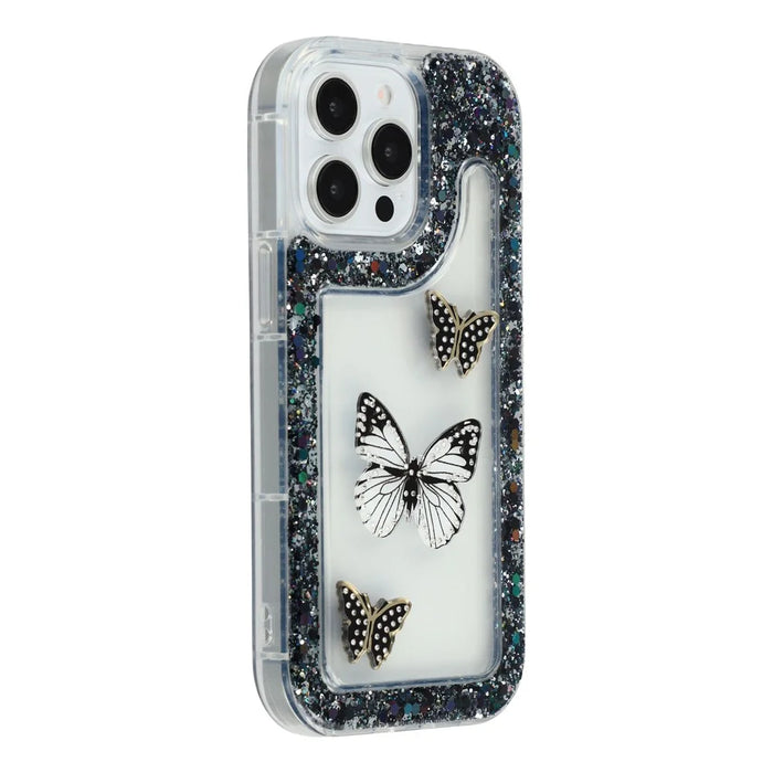 For iPhone 15 Pro Case DIY Butterfly Glitter Epoxy Soft TPU Phone Back Cover - Black - 1