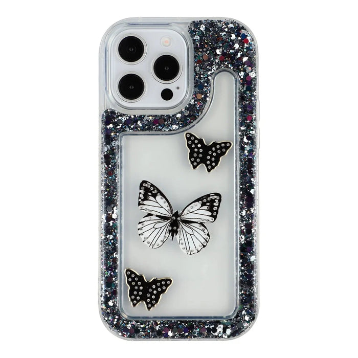 For iPhone 14 Pro Case DIY Butterfly Glitter Epoxy Soft TPU Phone Back Cover - Black - 3