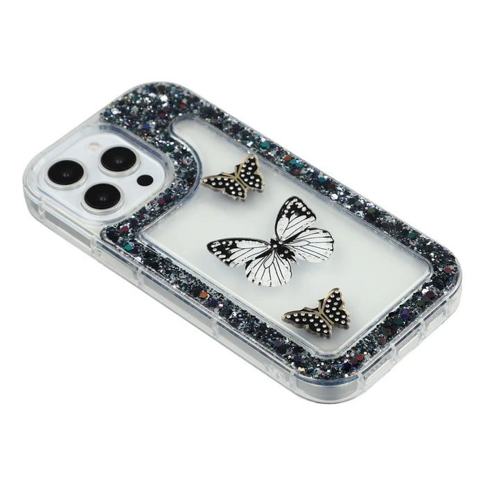 For iPhone 14 Pro Case DIY Butterfly Glitter Epoxy Soft TPU Phone Back Cover - Black - 4