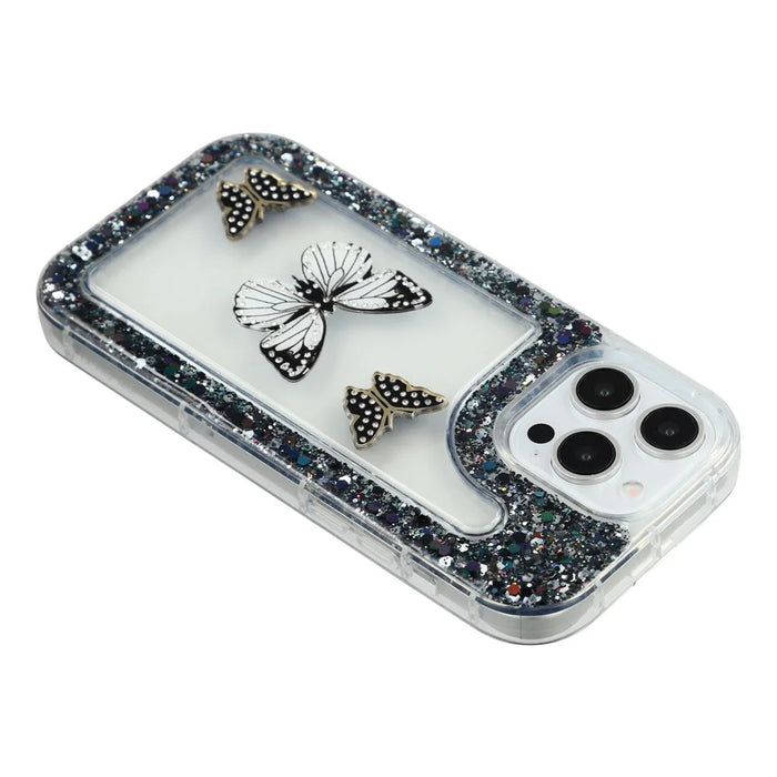 For iPhone 14 Pro Case DIY Butterfly Glitter Epoxy Soft TPU Phone Back Cover - Black - 5