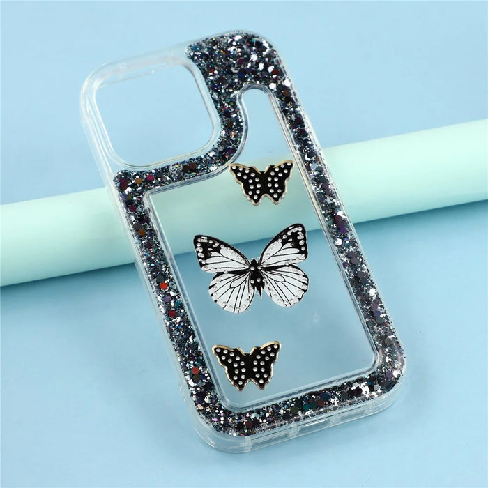 For iPhone 14 Pro Case DIY Butterfly Glitter Epoxy Soft TPU Phone Back Cover - Black - 6