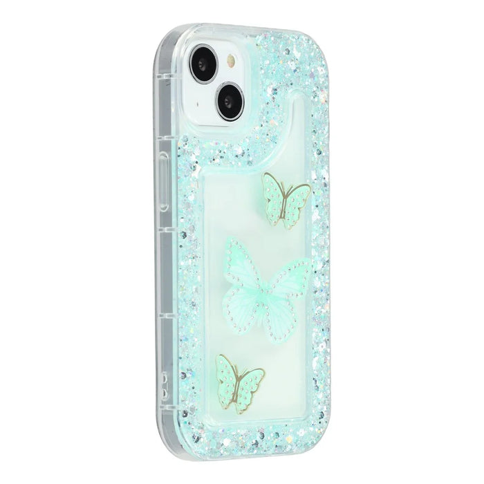 For iPhone 14 Case DIY Butterfly Glitter Epoxy Soft TPU Phone Back Cover - Green - 1
