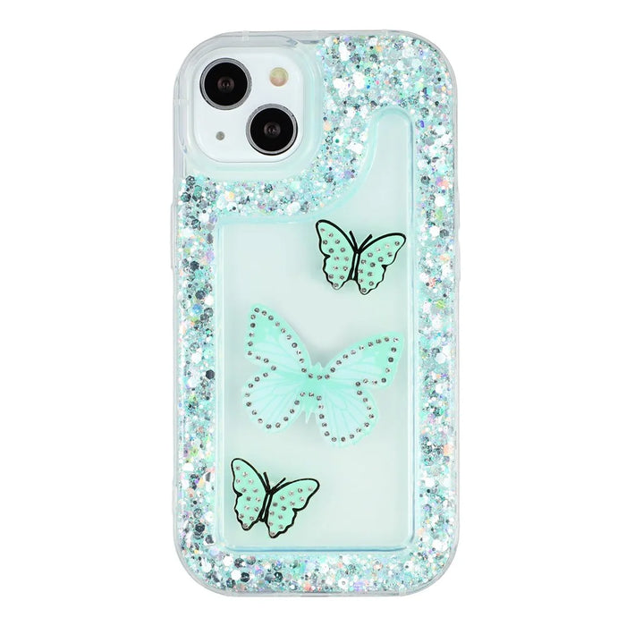 For iPhone 14 Case DIY Butterfly Glitter Epoxy Soft TPU Phone Back Cover - Green - 3