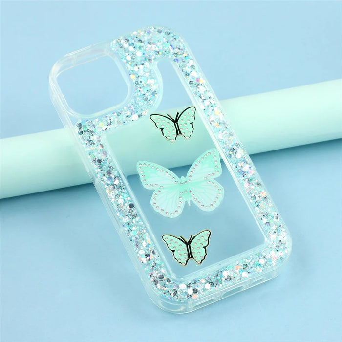 For iPhone 14 Case DIY Butterfly Glitter Epoxy Soft TPU Phone Back Cover - Green - 6