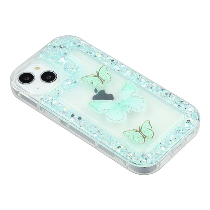 For iPhone 13 Case DIY Butterfly Glitter Epoxy Soft TPU Phone Back Cover - Green - 4