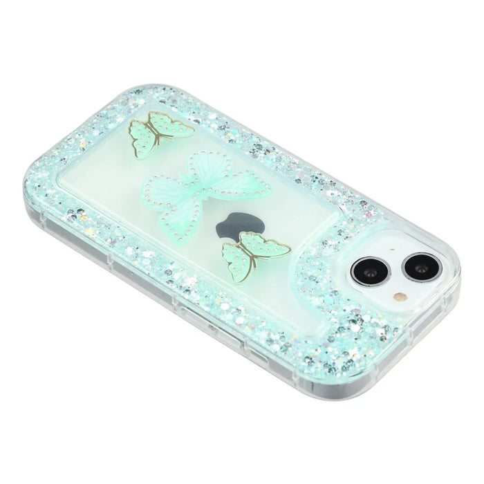 For iPhone 13 Case DIY Butterfly Glitter Epoxy Soft TPU Phone Back Cover - Green - 5