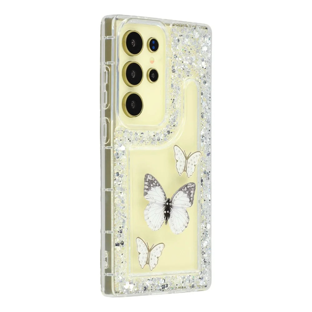 For Samsung Galaxy S23 Ultra Case DIY Butterfly Glitter Epoxy Soft TPU Phone Back Cover - White - 1