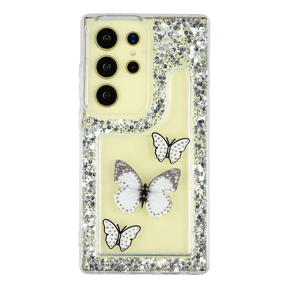 For Samsung Galaxy S23 Ultra Case DIY Butterfly Glitter Epoxy Soft TPU Phone Back Cover - White - 3