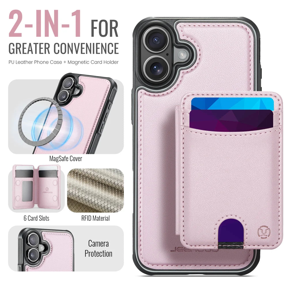JEEHOOD For iPhone 16 Case  J10  Compatible with MagSafe Leather Back Phone Cover with Detachable Card Holder Kickstand - Pink - 2