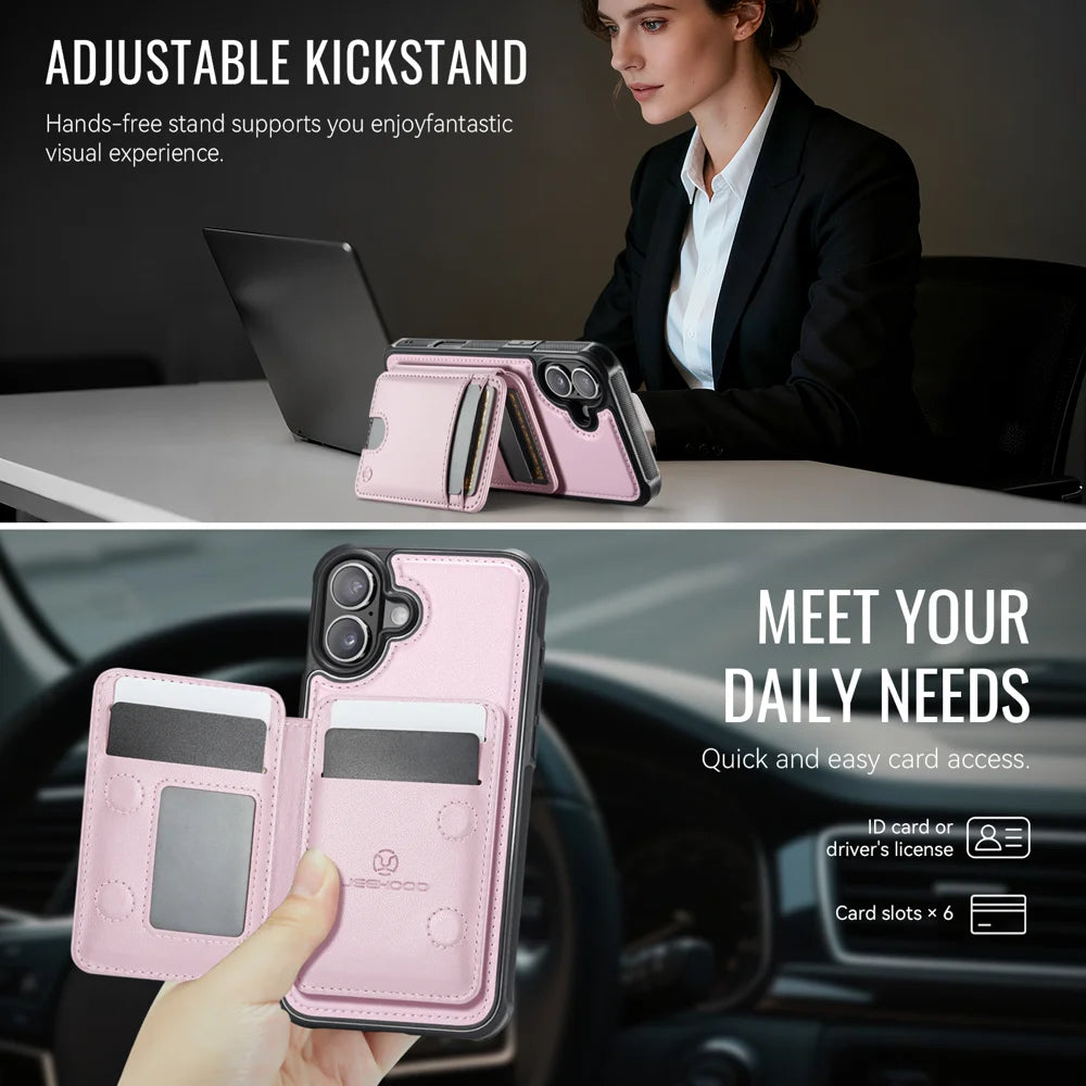 JEEHOOD For iPhone 16 Case  J10  Compatible with MagSafe Leather Back Phone Cover with Detachable Card Holder Kickstand - Pink - 4